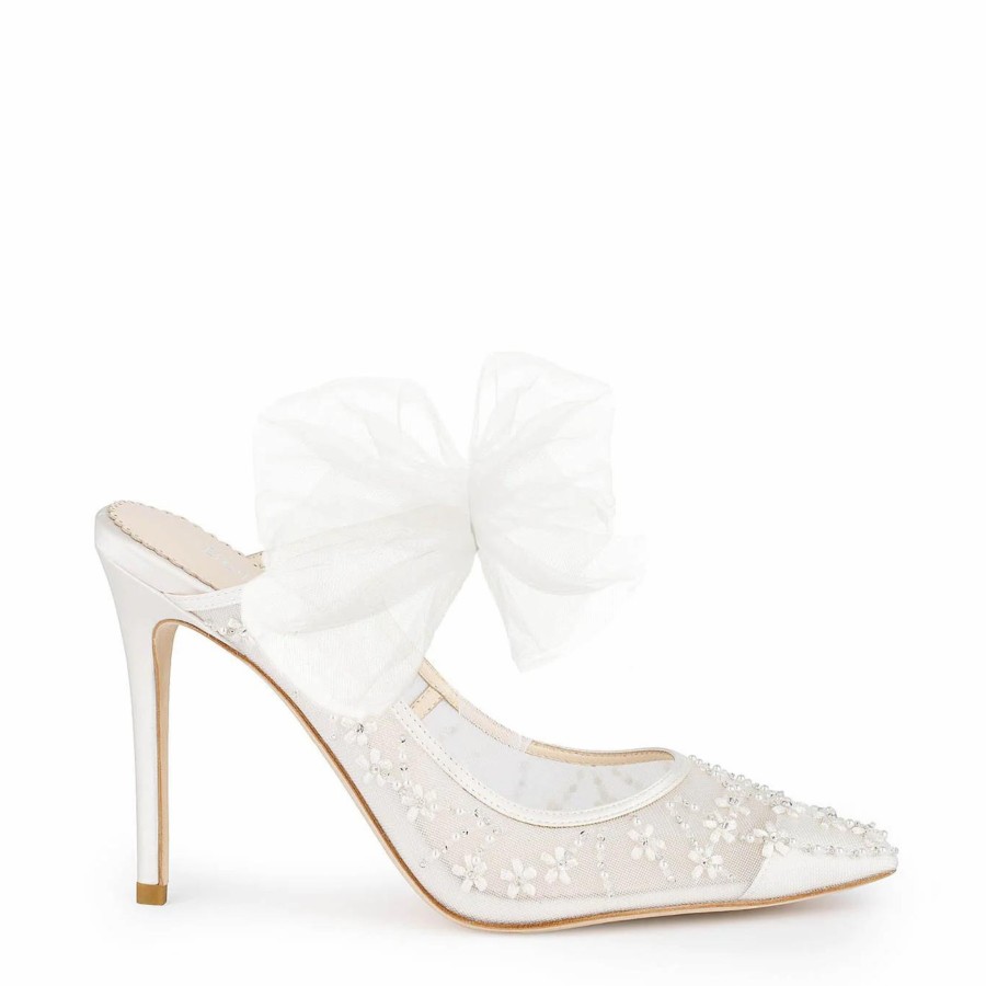 Bella Belle Eloise - Embroidered Ivory Mules With Tulle Bows High Heel