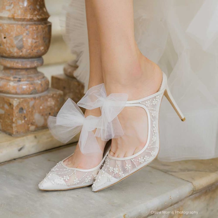 Bella Belle Eloise - Embroidered Ivory Mules With Tulle Bows High Heel