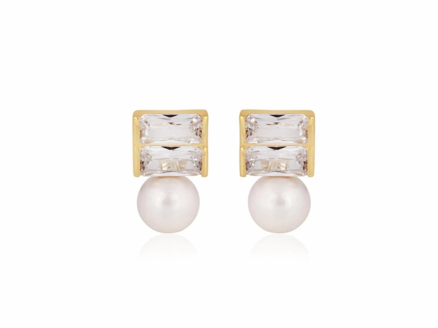 Lola Knight Lola Knight - Luna - Pearl & Baguette Crystal Earrings - 18 Ct Gold Gold