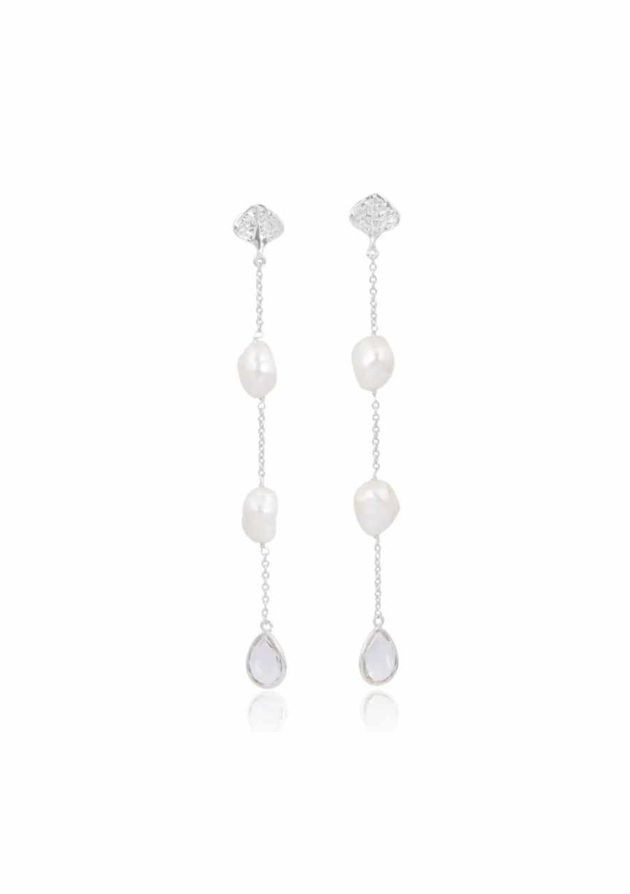 Lola Knight Lola Knight - Lea - Long Drop Pearl & Crystal Earrings - Silver Earrings