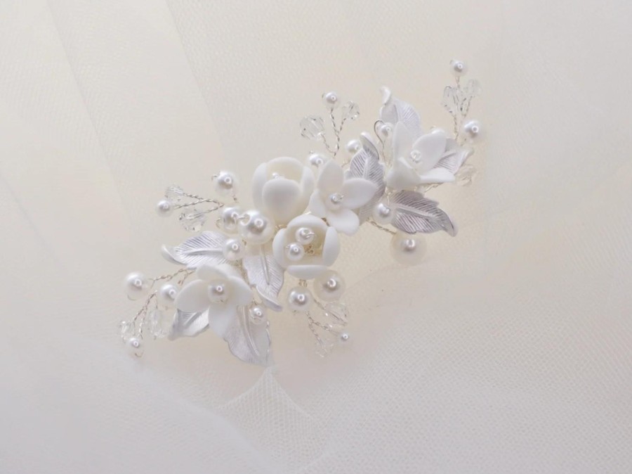 Windsor Bridal Angelica - Petite Ceramic Flower Pearl Bridal Hair Clip Silver