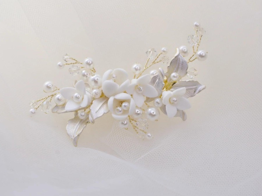 Windsor Bridal Angelica - Petite Ceramic Flower Pearl Bridal Hair Clip Silver