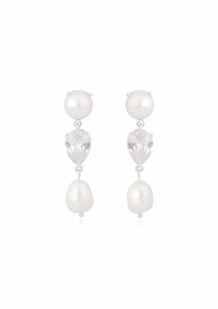 Lola Knight Lola Knight - Celine - Double Pearl And Crystal Drop Earrings - Silver Earrings