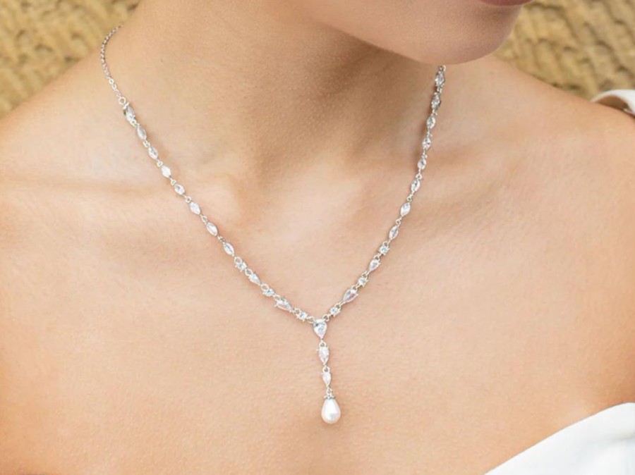 Windsor Bridal Siena - Delicate Crystal And Plunging Pearl Drop Bridal Necklace - Silver Bridal Necklaces