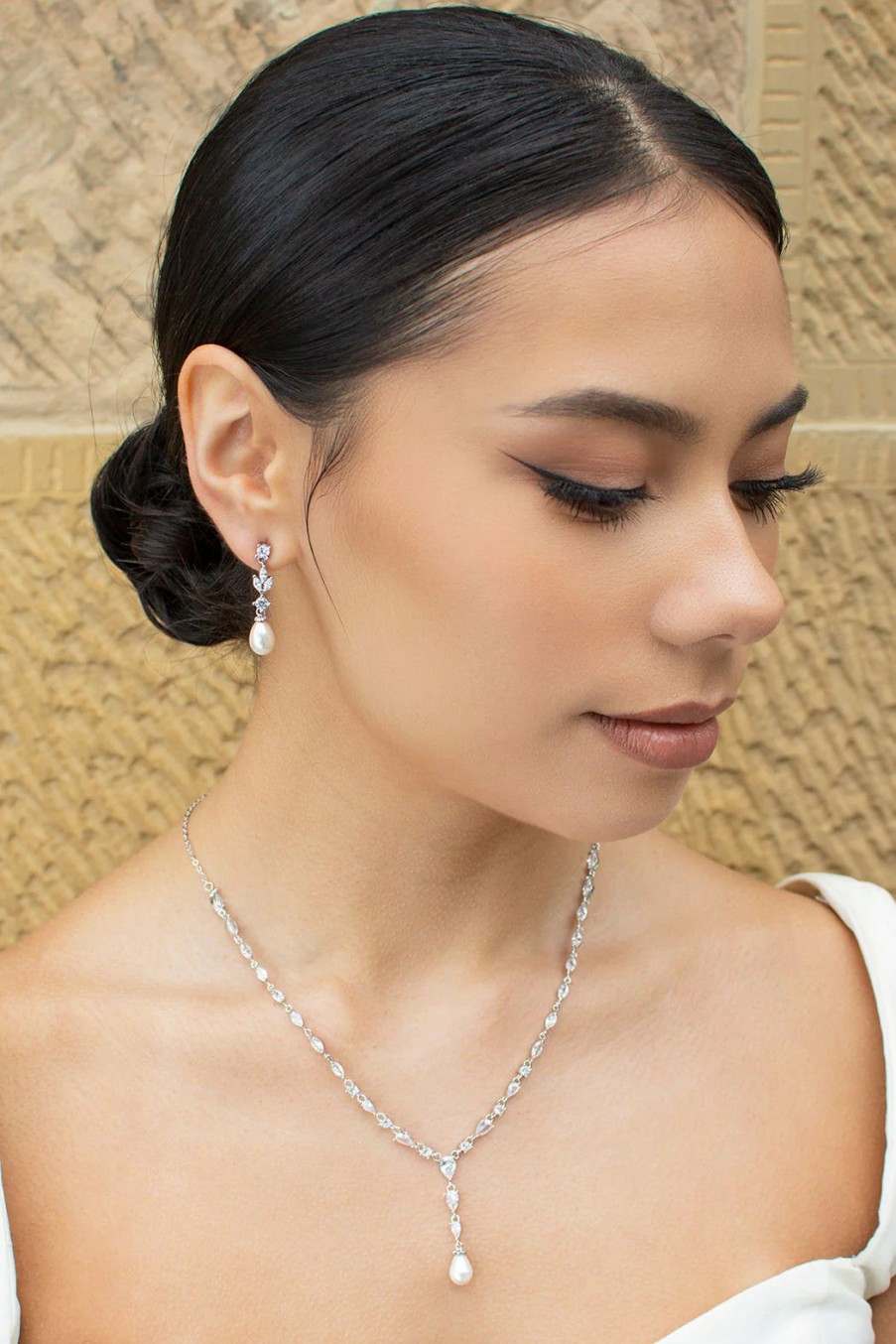 Windsor Bridal Siena - Delicate Crystal And Plunging Pearl Drop Bridal Necklace - Silver Bridal Necklaces