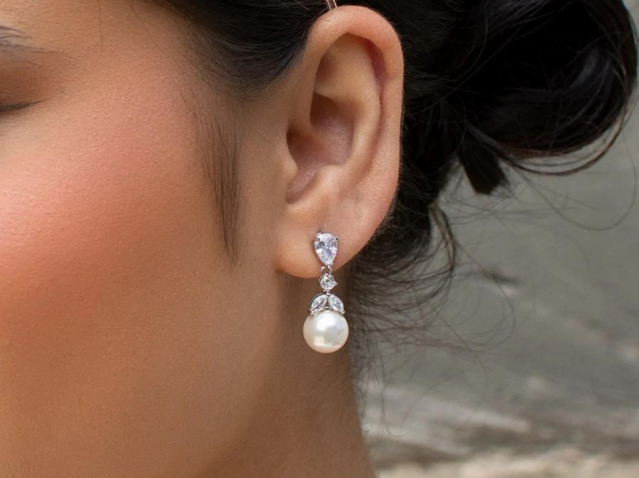 Windsor Bridal Phoebe - Dainty Pearl Drop Bridal Earrings Rose Gold