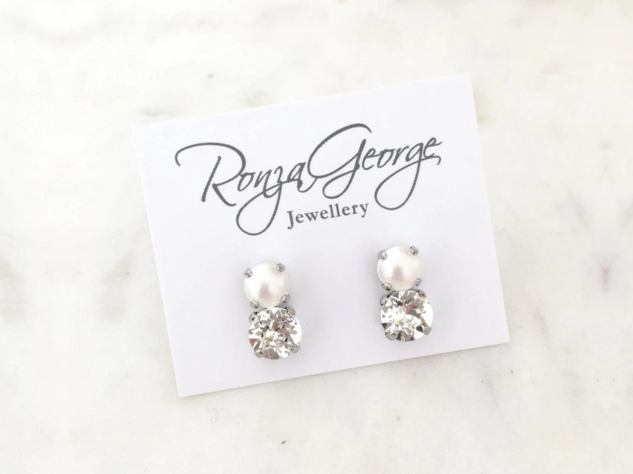 Ronza George Bare - Pearl Swarovski Bridal Stud Earrings Silver