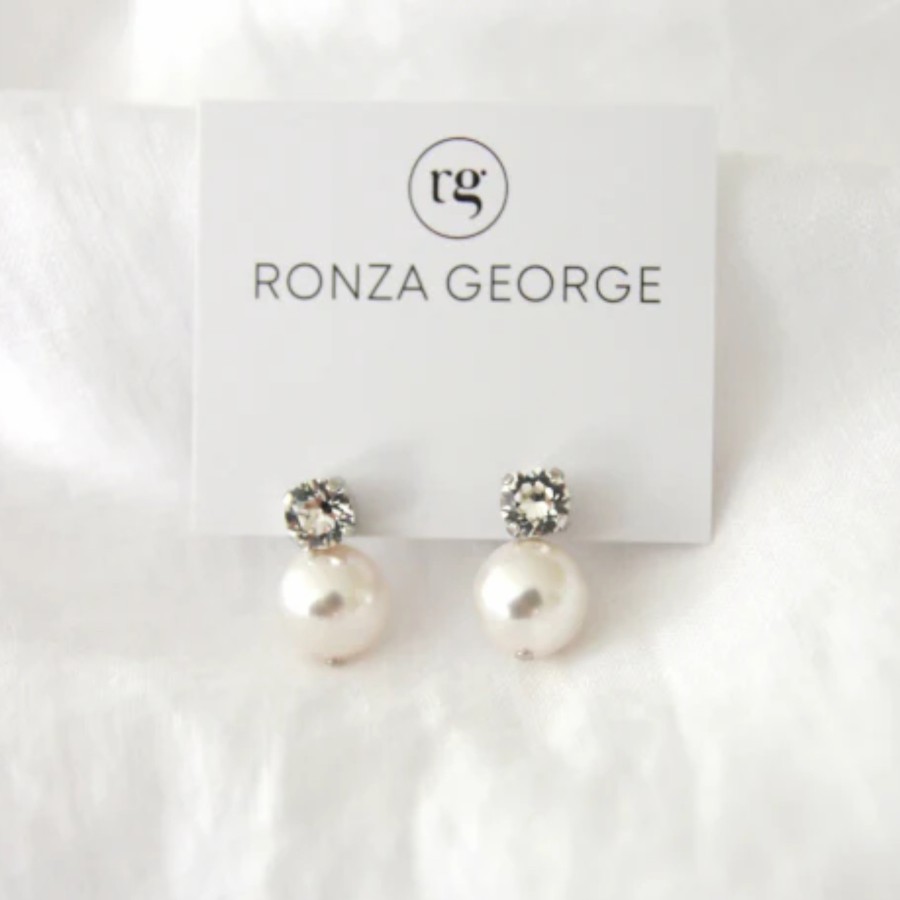 Ronza George Leah Pearl - Silver Swarovski Crystal And Pearl Bridal Stud Earrings Silver