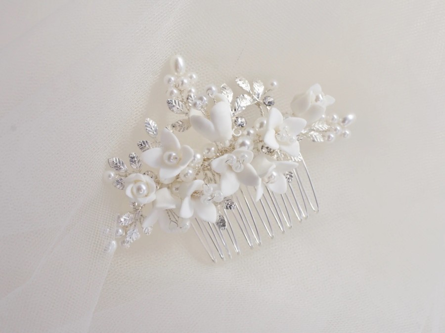 Windsor Bridal Cora - Porcelain Floral & Pearl Bridal Hair Comb Silver