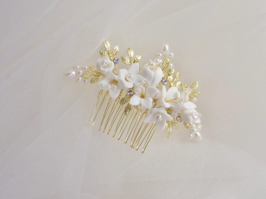 Windsor Bridal Cora - Porcelain Floral & Pearl Bridal Hair Comb Silver