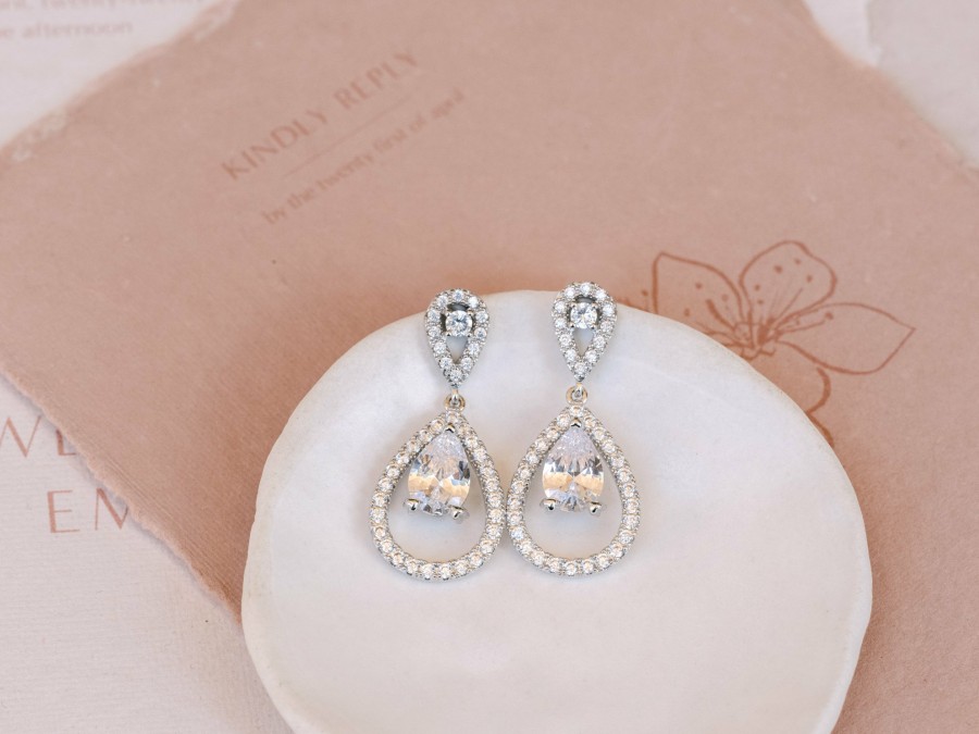 The White Collection Elisha - Crystal Teardrop Halo Bridal Earrings Rose Gold