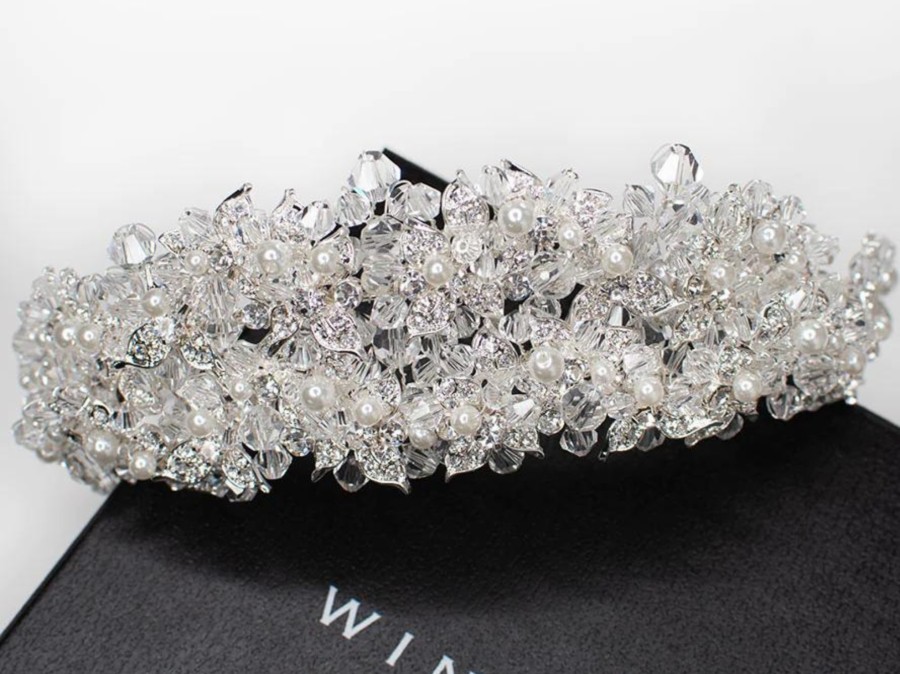 Windsor Bridal Audrey - Modern Pearl & Crystal Double Bridal Crown Silver