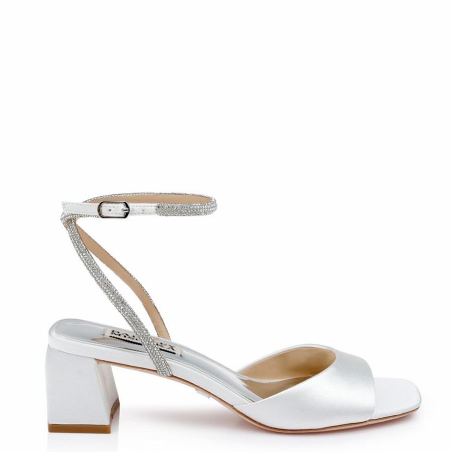 Badgley Mischka Infinity - Satin Block Low Heels With Crystal Ankle Strap - Soft White White