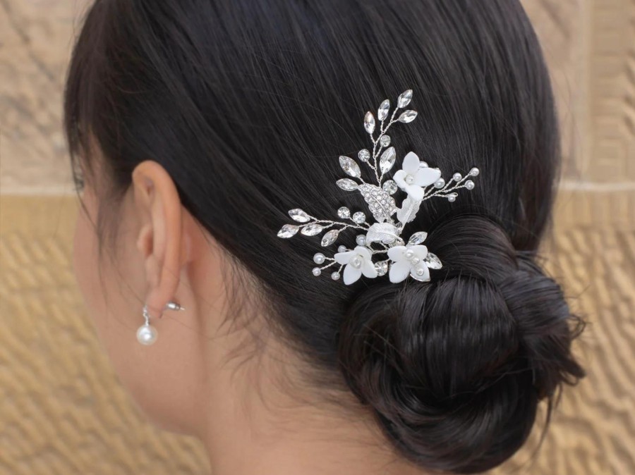 Windsor Bridal Lana - Porcelain Flower, Crystal & Pearl Bridal Hair Pin Rose Gold