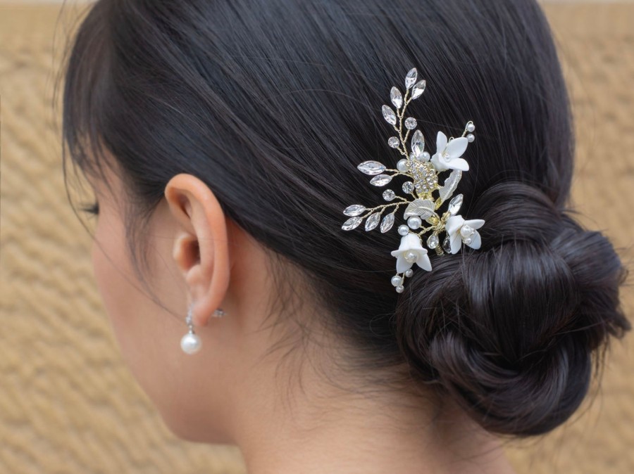 Windsor Bridal Lana - Porcelain Flower, Crystal & Pearl Bridal Hair Pin Rose Gold