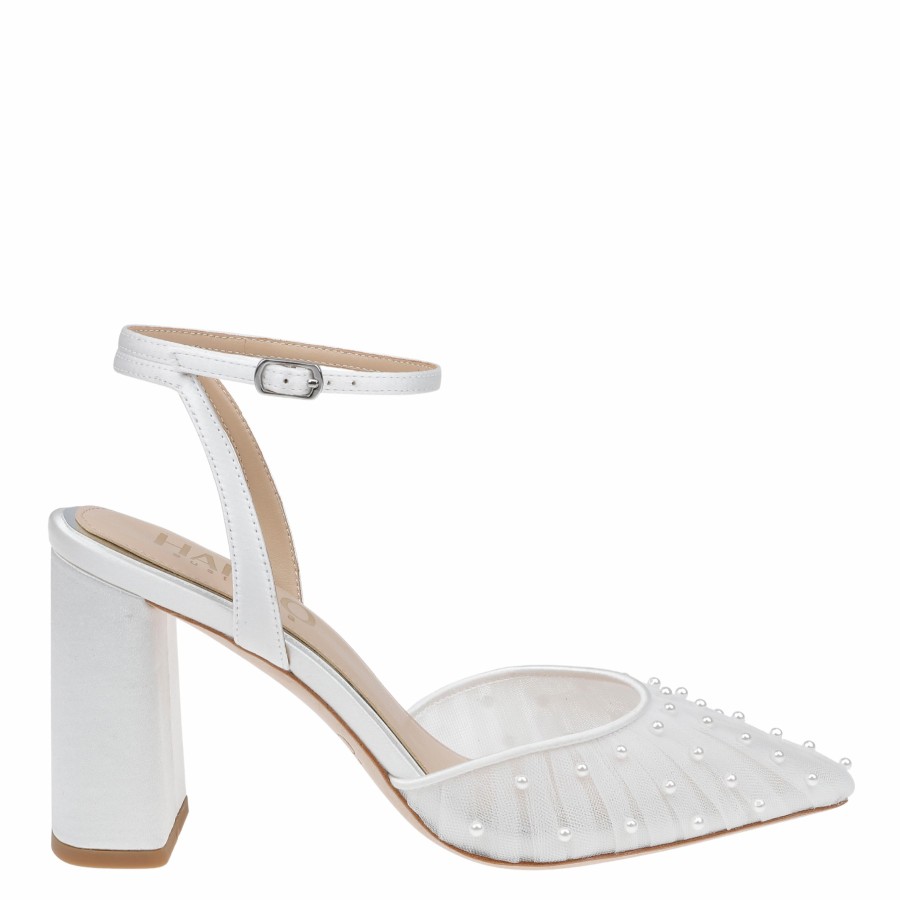 HARLO Australia Elle - Tulle Block Heeled Point With Handsewn Pearls - Soft White High Heel