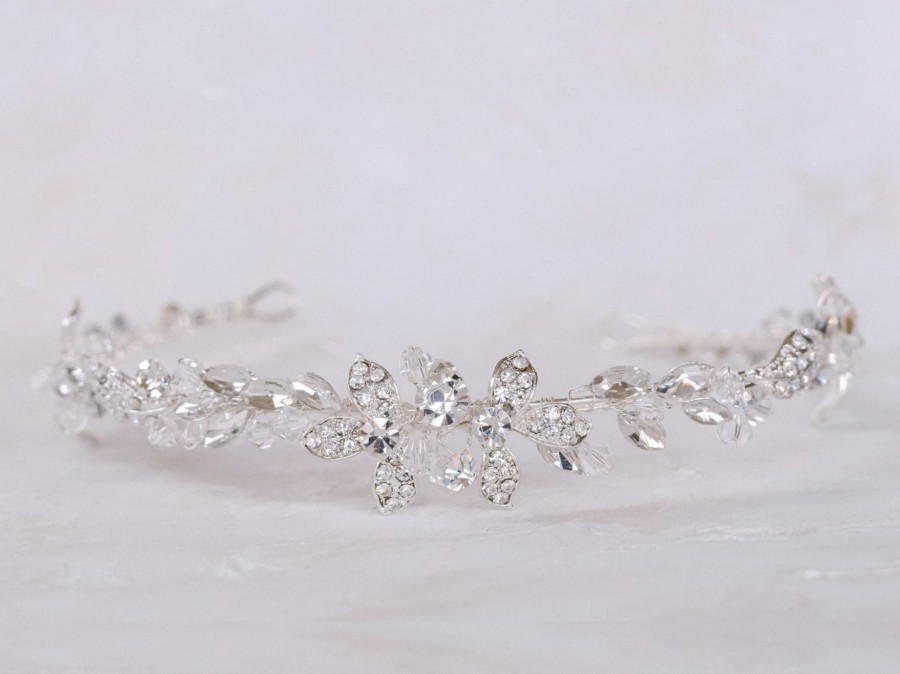 The White Collection Olivia - Floral Crystal Bridal Headband Silver