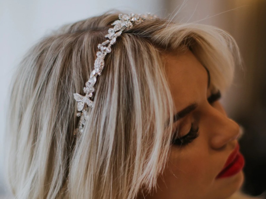 The White Collection Olivia - Floral Crystal Bridal Headband Silver