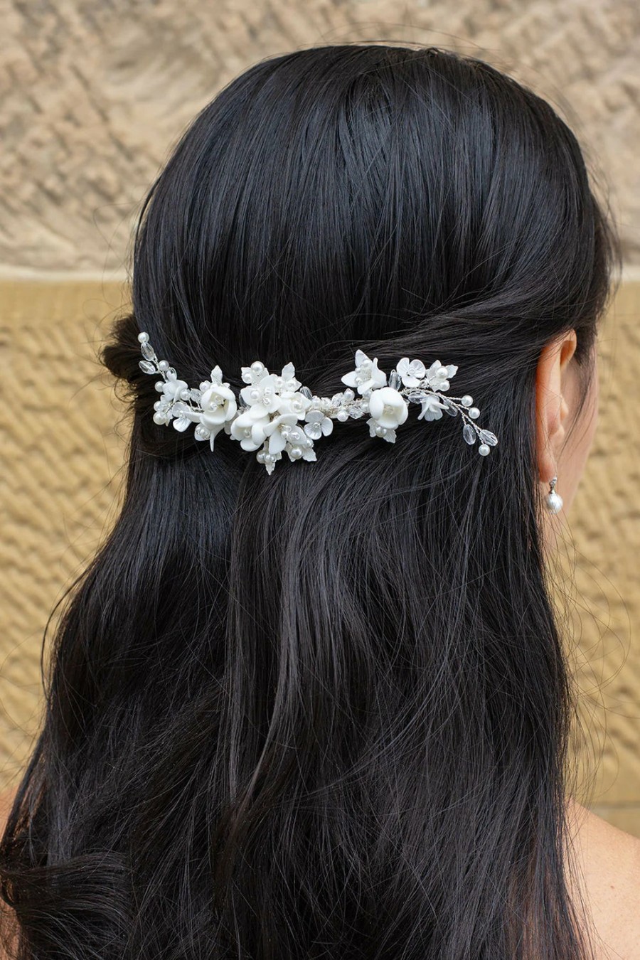 Windsor Bridal Caroline - Delicate Porcelain & Crystal Floral Pearl Bridal Hair Clip Crystal