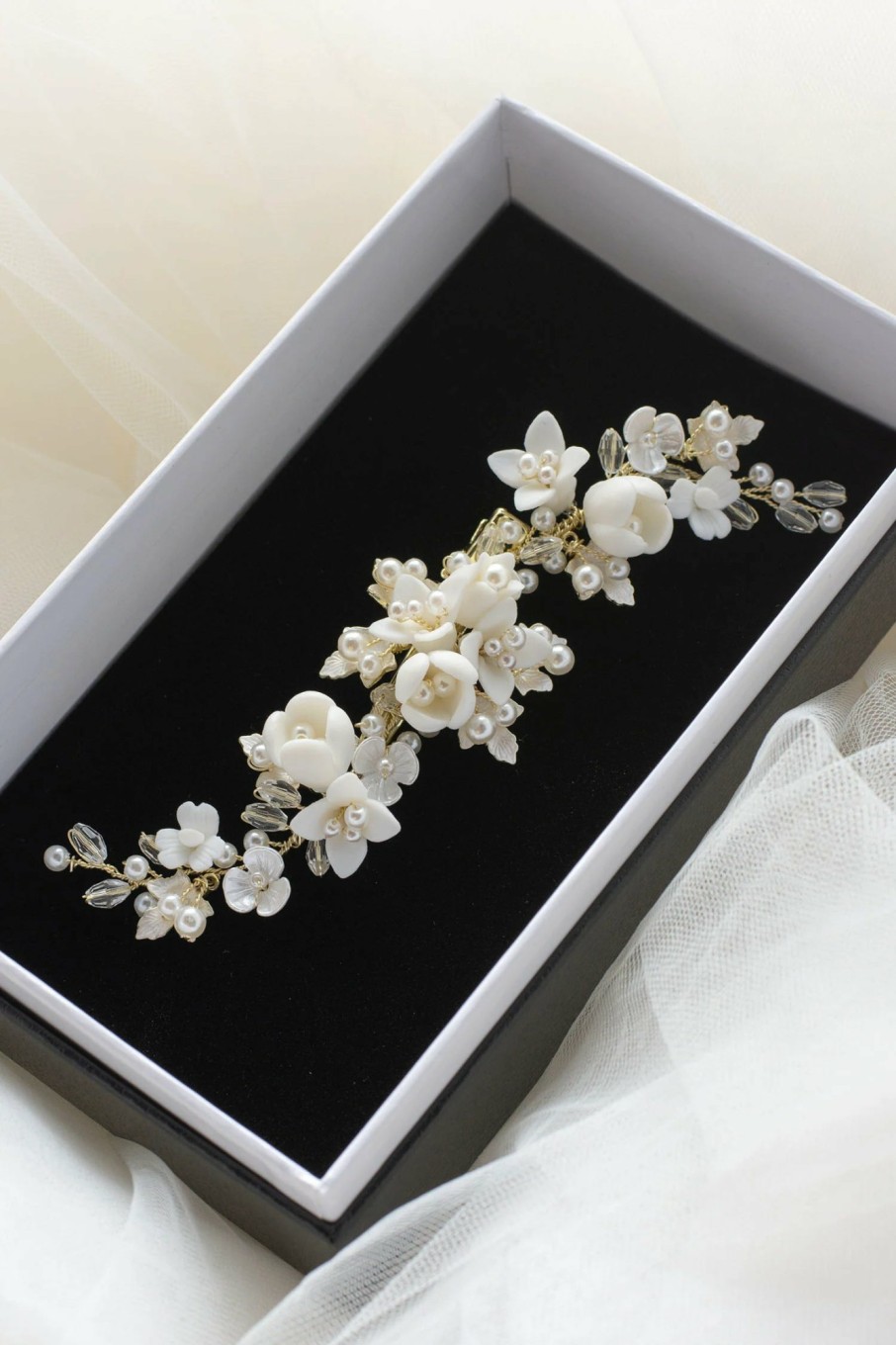 Windsor Bridal Caroline - Delicate Porcelain & Crystal Floral Pearl Bridal Hair Clip Crystal