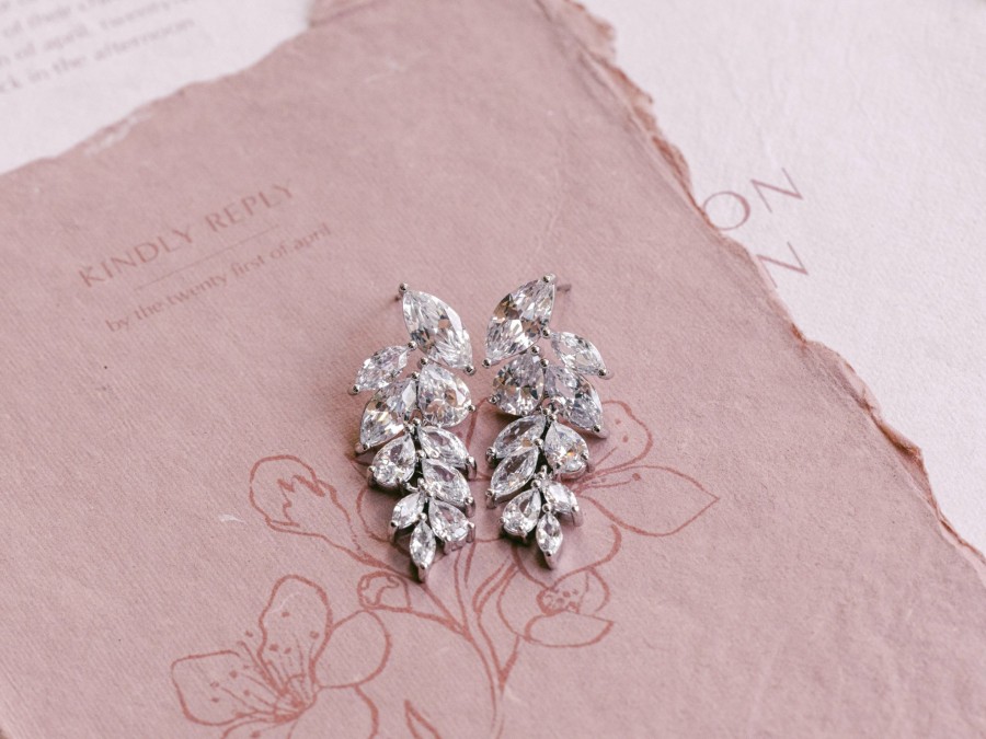 The White Collection Eva - Crystal Leaf Drop Bridal Earrings Rose Gold