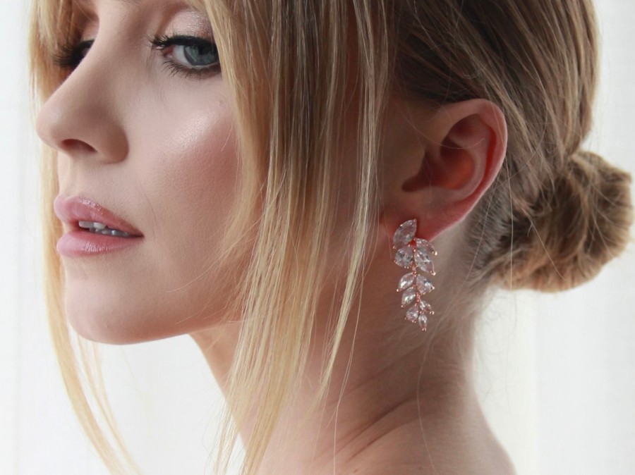 The White Collection Eva - Crystal Leaf Drop Bridal Earrings Rose Gold