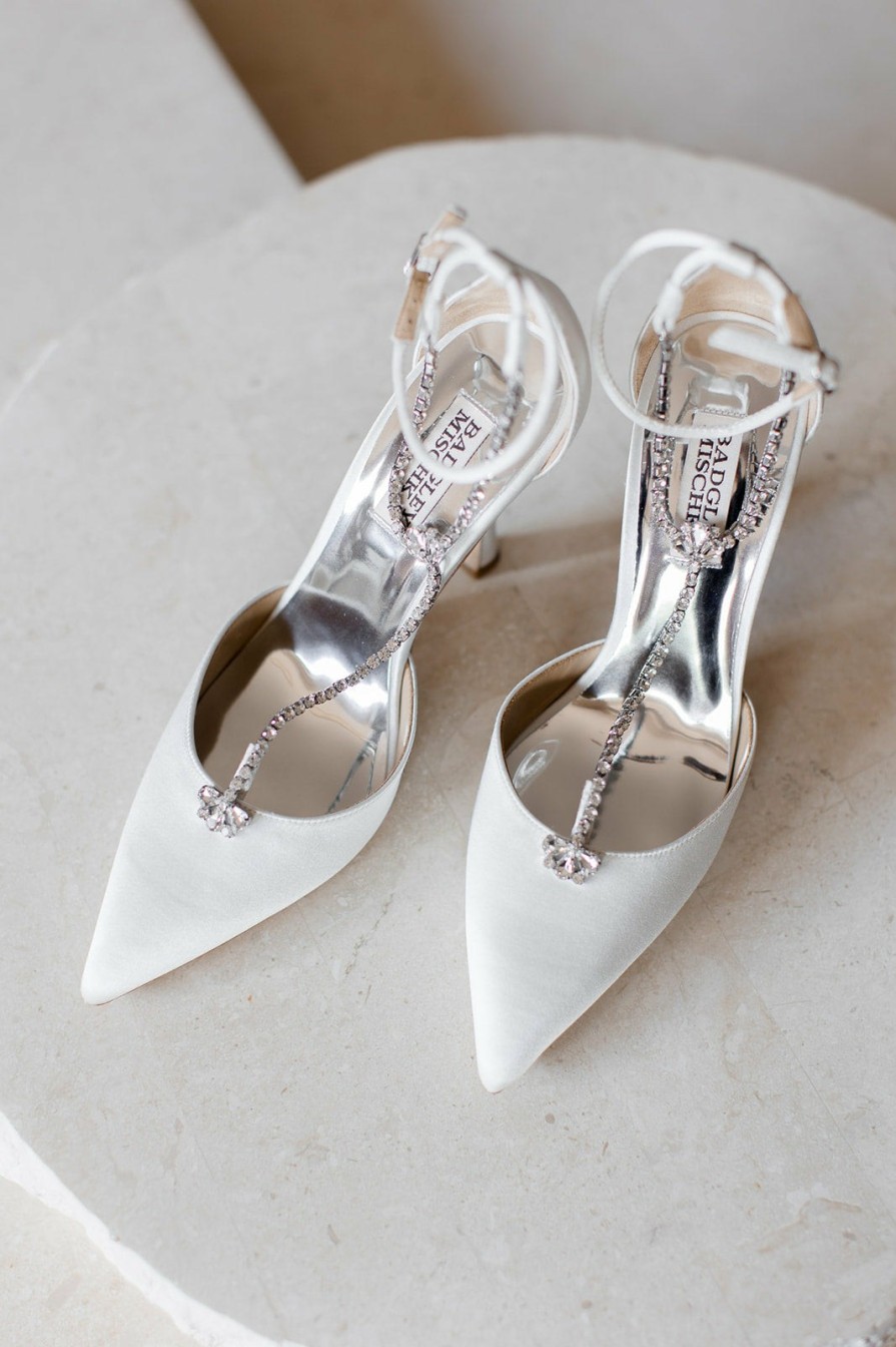 Badgley Mischka Zayna - Crystal-Embellished T-Strap Stiletto Bridal Heels - Soft White High Heel