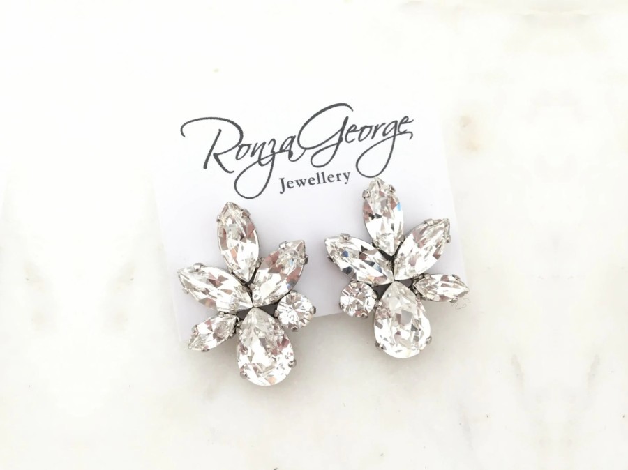 Ronza George Elina - Silver Statement Swarovski Cluster Bridal Earrings Silver