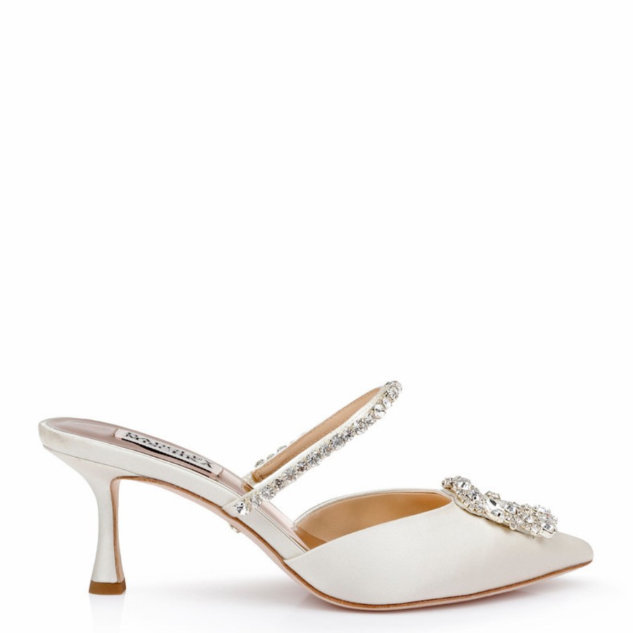 Badgley Mischka Flutter - Pointed Toe Crystal Embellished Stiletto Mule - Ivory Mid Heel