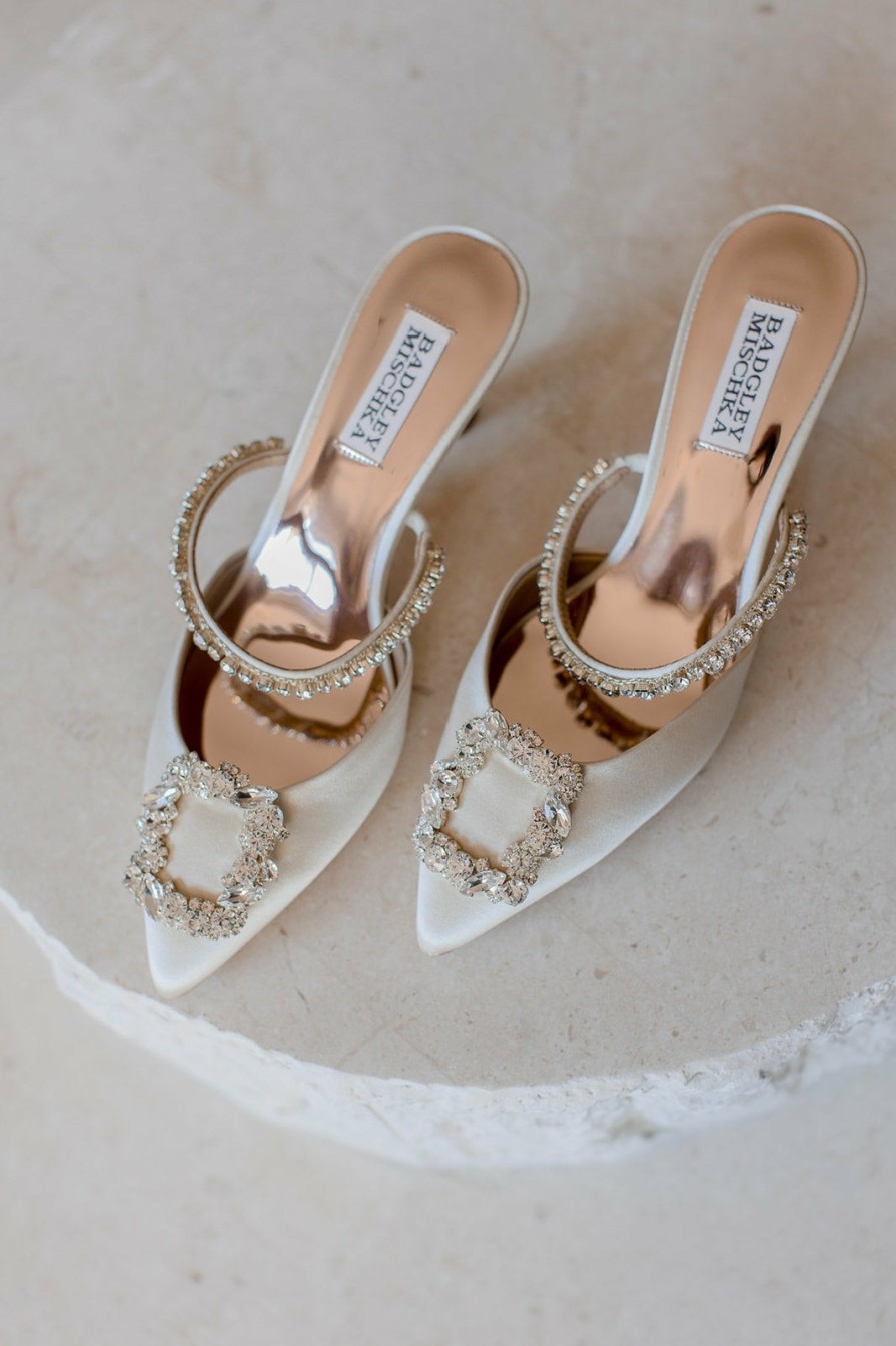 Badgley Mischka Flutter - Pointed Toe Crystal Embellished Stiletto Mule - Ivory Mid Heel