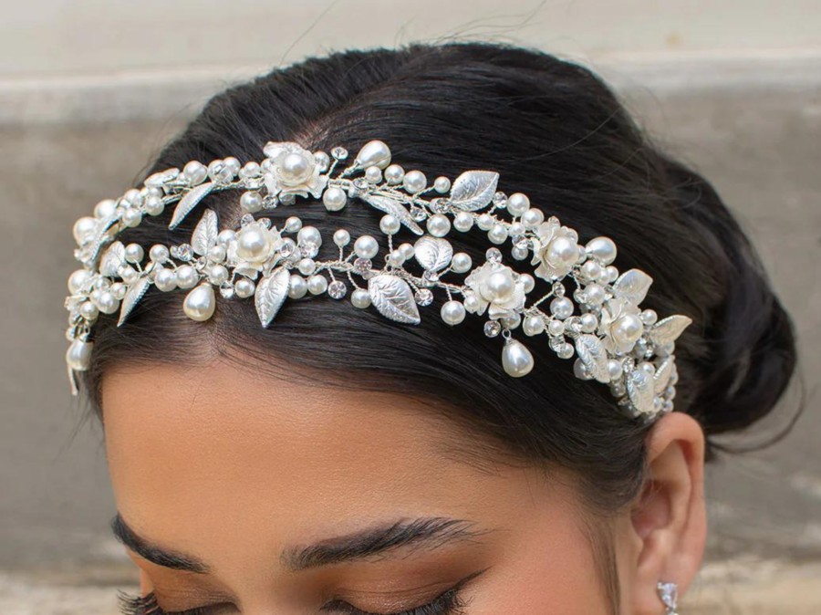 Windsor Bridal Hailey - Pearl Crystal Flower Double Bridal Headband Silver