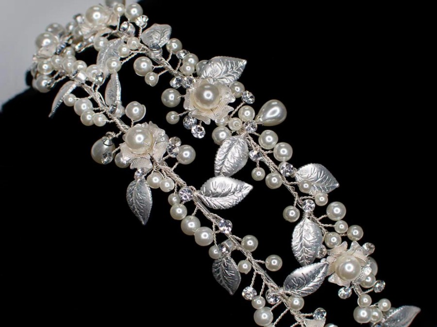 Windsor Bridal Hailey - Pearl Crystal Flower Double Bridal Headband Silver