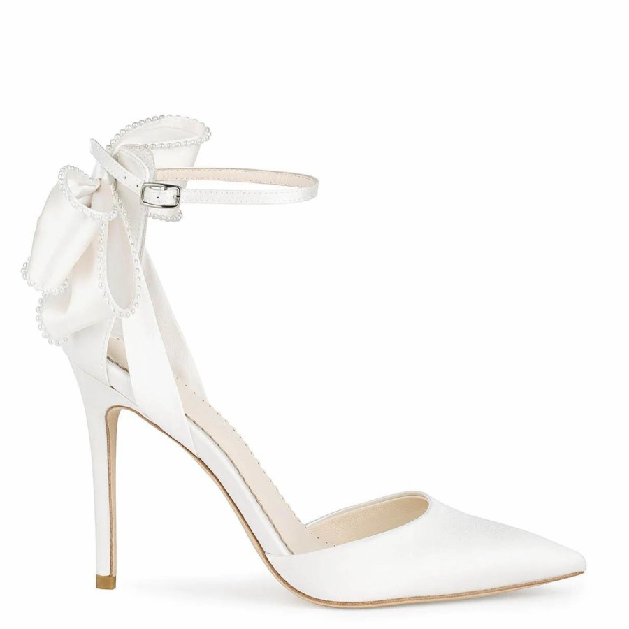 Bella Belle Mirabelle - Ivory Pearl Stiletto Wedding Heels With Ankle Strap Bow High Heel