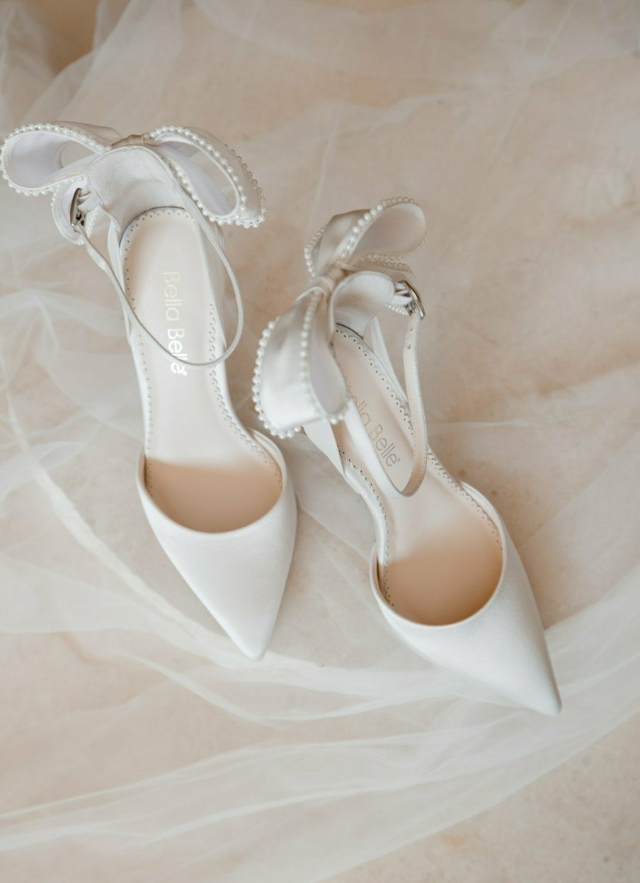 Bella Belle Mirabelle - Ivory Pearl Stiletto Wedding Heels With Ankle Strap Bow High Heel