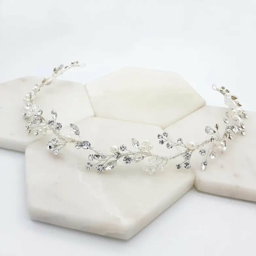 The White Collection Diana - Floral Pearl And Crystal Bridal Headband Silver