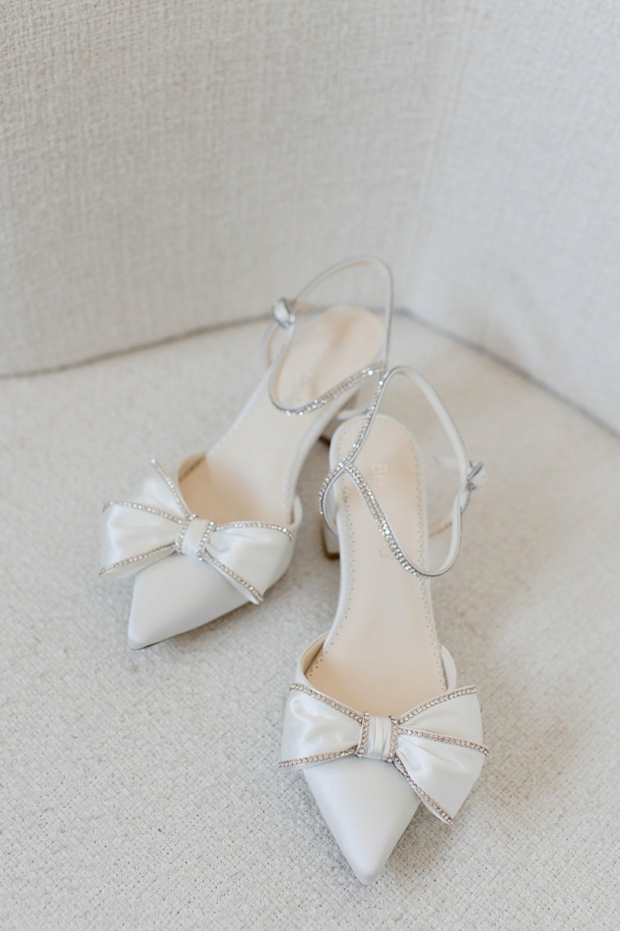 Bella Belle Palmer - Ivory Crystal Edged Wedding Shoes With Bow And Block Heel Mid Heel