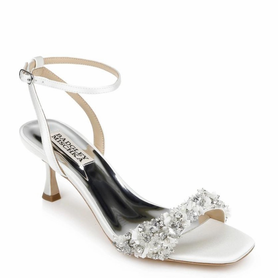 Badgley Mischka Telissa - Open Toe Mid Kitten Heel With Pearls And Crystals - Soft White White