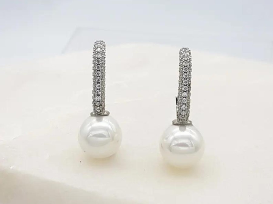 The White Collection Charlie - Modern Pave Crystal Pearl Bridal Earrings Earrings