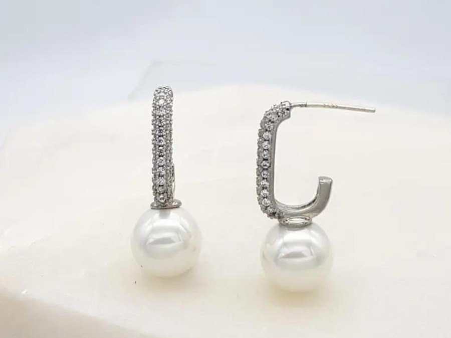 The White Collection Charlie - Modern Pave Crystal Pearl Bridal Earrings Earrings