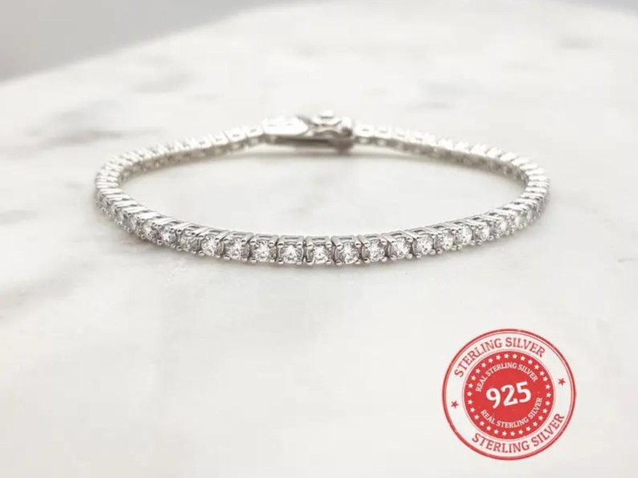 The White Collection Laura - Delicate Sterling Silver Bridal Tennis Bracelet Gold