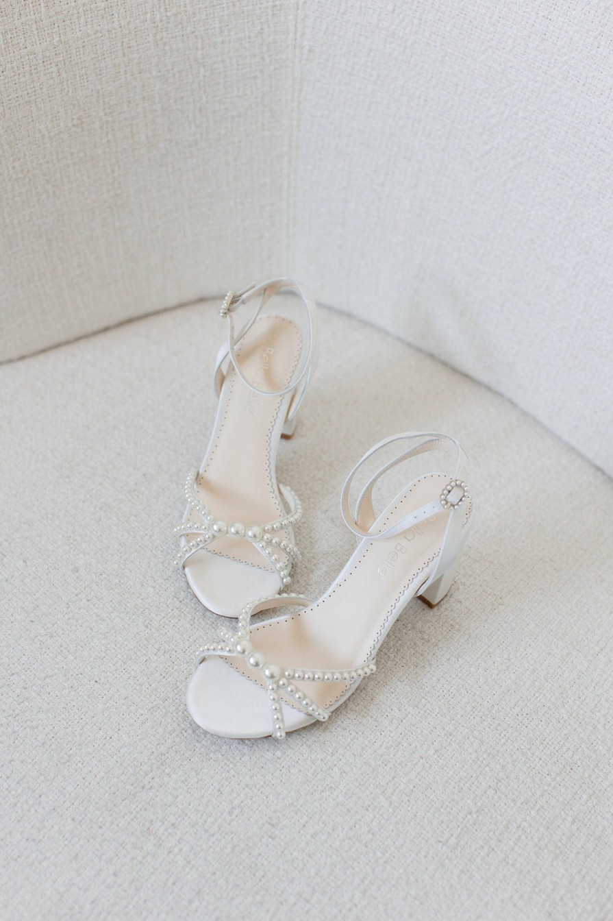 Bella Belle Lilia - Ivory Open-Toe Strappy Pearl Block Heels Mid Heel