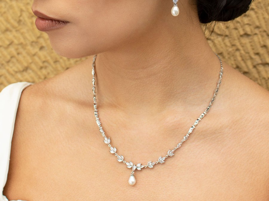 Windsor Bridal Liliana - Delicate Crystal And Pearl Drop Bridal Necklace Bridal Necklaces