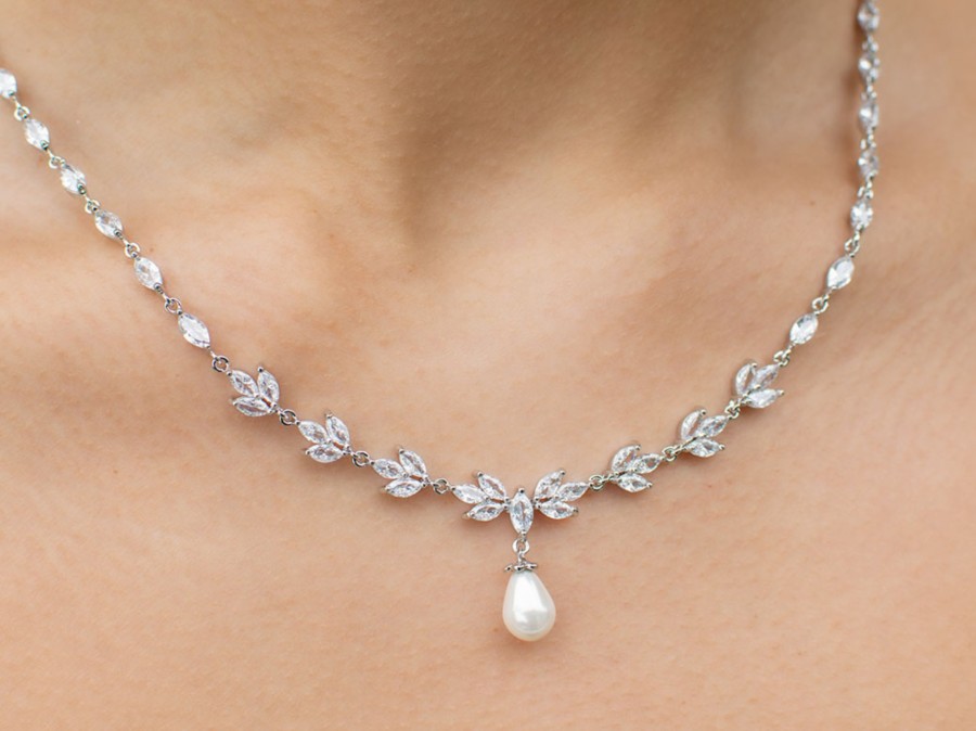 Windsor Bridal Liliana - Delicate Crystal And Pearl Drop Bridal Necklace Bridal Necklaces