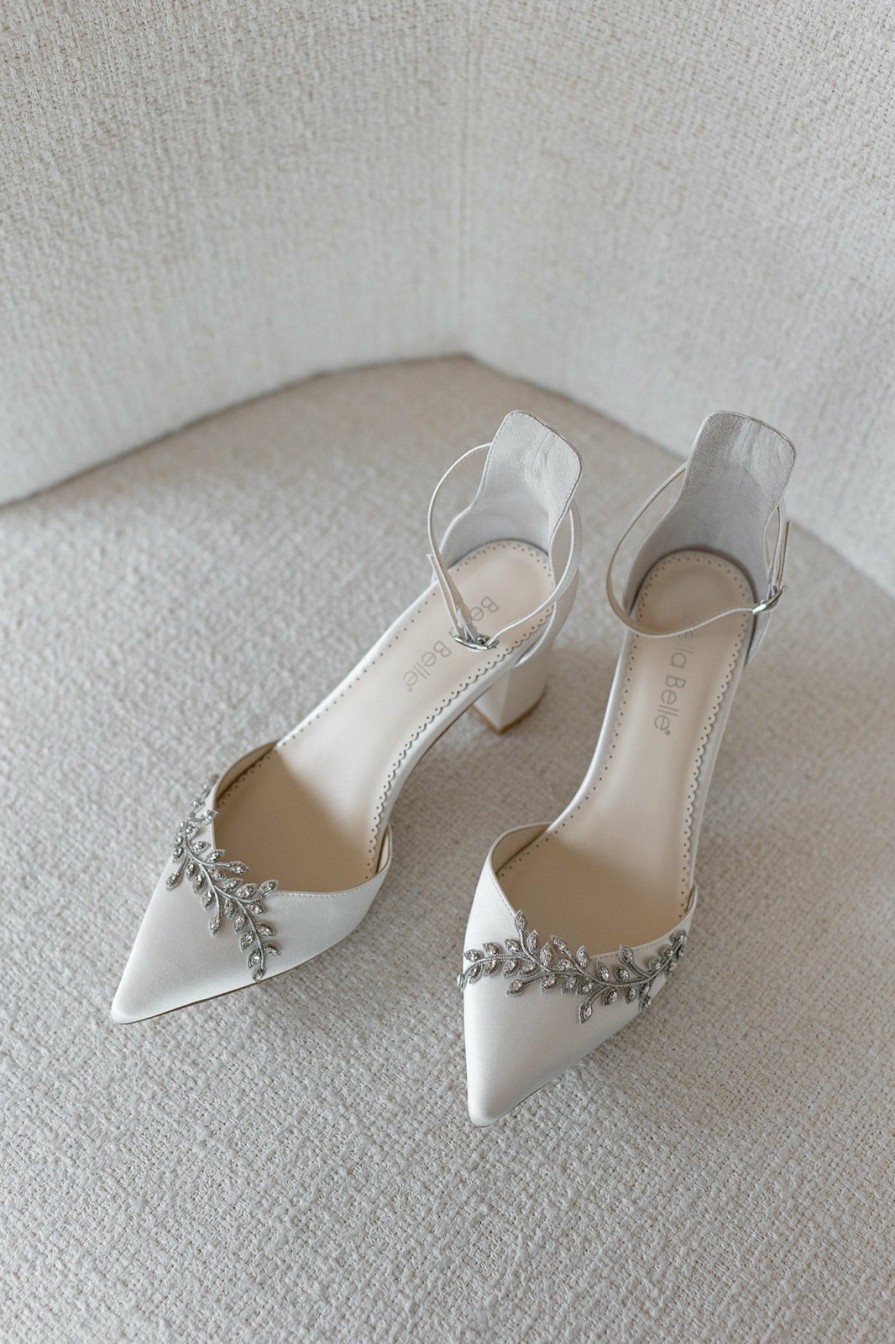 Bella Belle Valerie - Ivory Crystal Pointed Bridal Block Heel Mid Heel