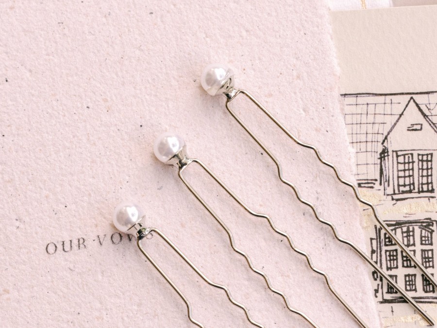 The White Collection Bridal Pearl Hair Pin Trio Silver