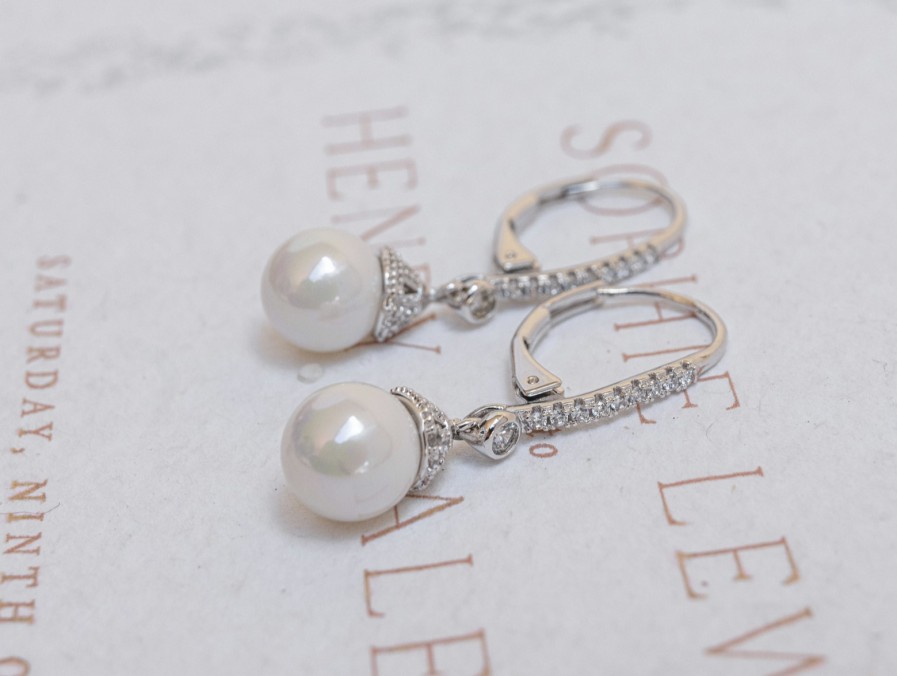 The White Collection Addison - Elegant Crystal Pearl Bridal Drop Earrings Silver