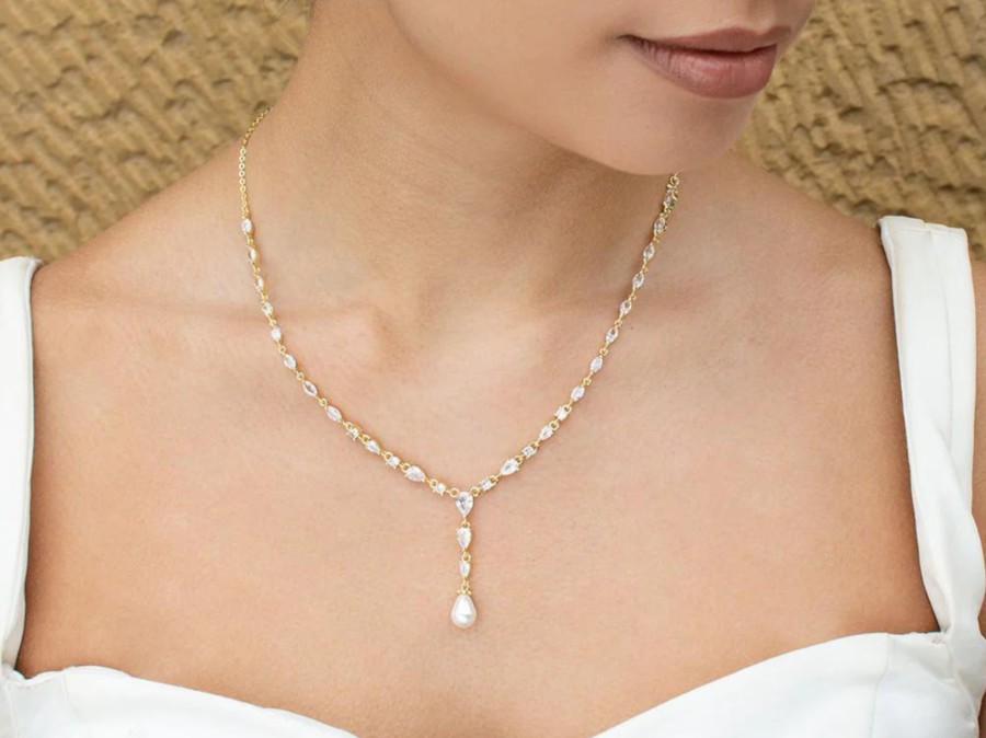 Windsor Bridal Siena - Delicate Crystal And Plunging Pearl Drop Bridal Necklace - Gold Bridal Necklaces