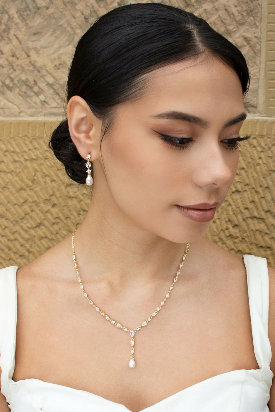 Windsor Bridal Siena - Delicate Crystal And Plunging Pearl Drop Bridal Necklace - Gold Bridal Necklaces