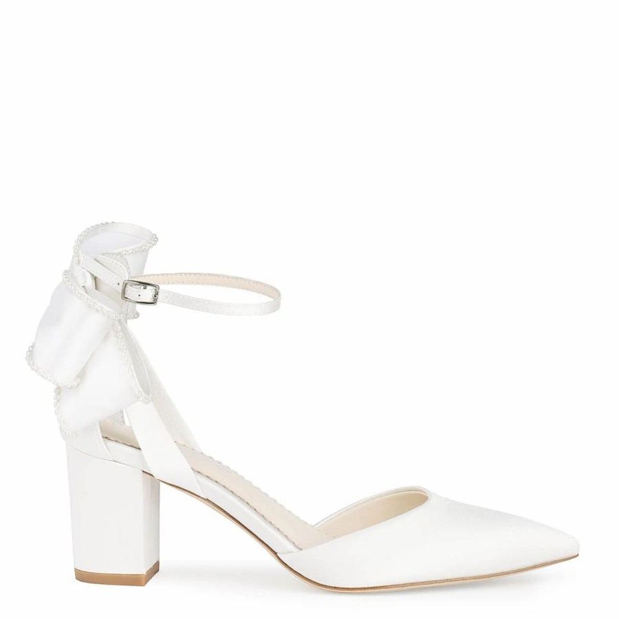 Bella Belle Molly - Ivory Pearl Block Wedding Heels With Ankle Strap Bow Mid Heel