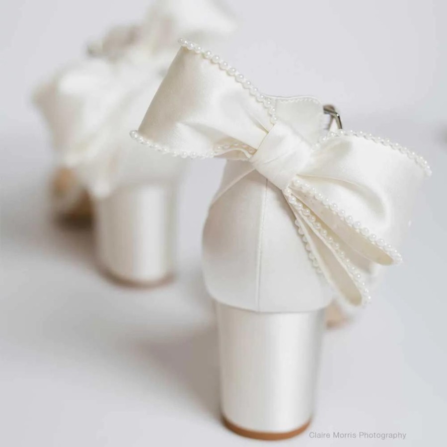 Bella Belle Molly - Ivory Pearl Block Wedding Heels With Ankle Strap Bow Mid Heel